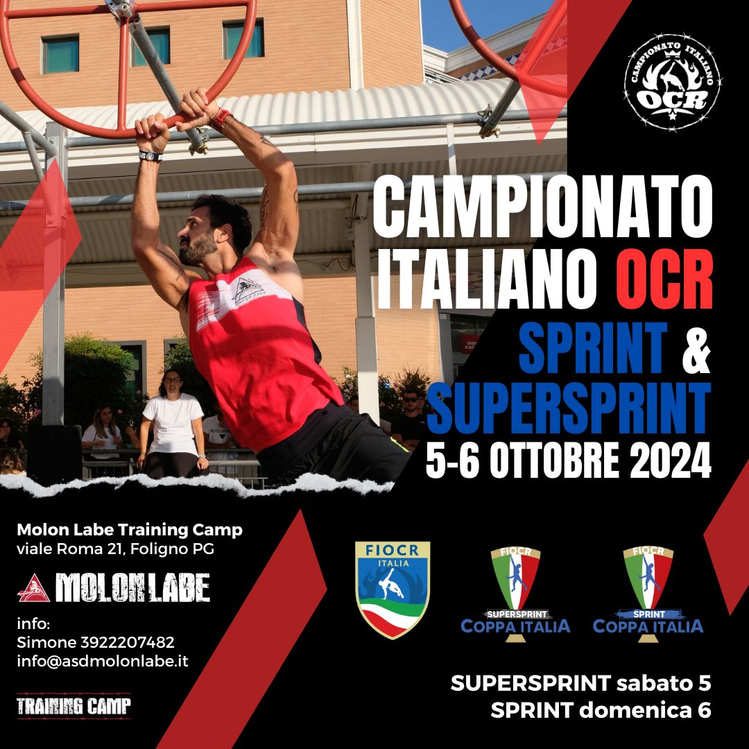 Campionato Italiano OCR
SUPERSPRINT sabato 5 ottobre 2024
SPRINT domenica 6 ottobre 2024
Molon Labe Training Camp, Foligno PG